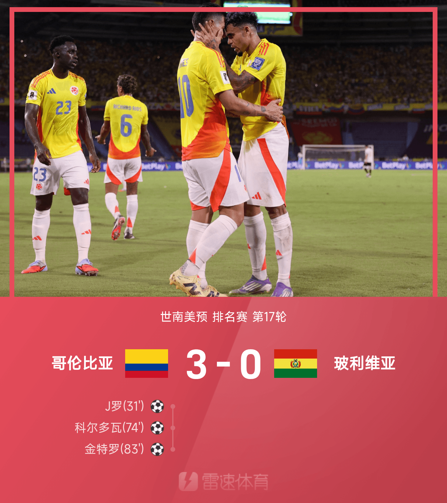 开云体育app-世南美预战报：J罗破门，哥伦比亚3-0玻利维亚直通世界杯